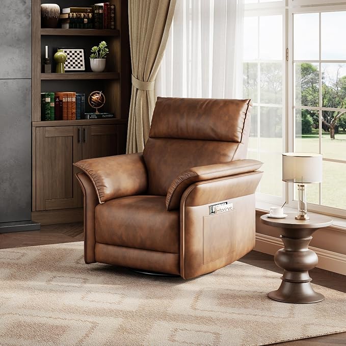 IDEALHOUSE Power Recliner Chair with Side Pockets 270° Swivel &amp Glider USB Charging Port PU Leather Thickened Dual-Layer Armrests Modern Recliner for Living Room Bedroom(Walnut)