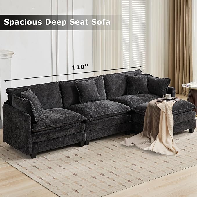 SoarFlash 113.78 Chenille Sectional Sofa Comfy L Shaped Modular Coush Sofa with Ottoman Modern 4 Seat Couch Deep Seat Sofa Set for Living RoomBlack