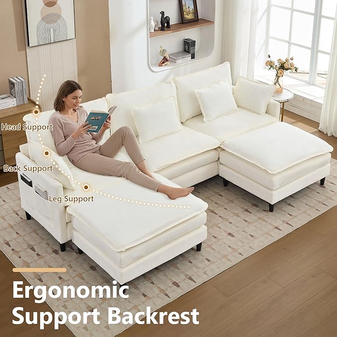 113 Chenille Modular Sectional Sofa Convertible L Shaped Modular Sofa Comfy Cloud Couch with Ottoman Side Pockets and 5 Throw Pillows for Living Room (White 113 - 5 Seats)