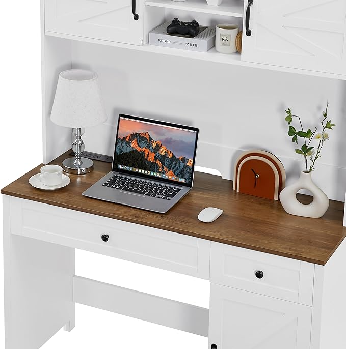 47 Farmhouse Executive Desk with Drawers Wood Home Office Desk wCharging Station File Drawer Storage Cabinet Rustic Computer Writing Desk (Antique White)