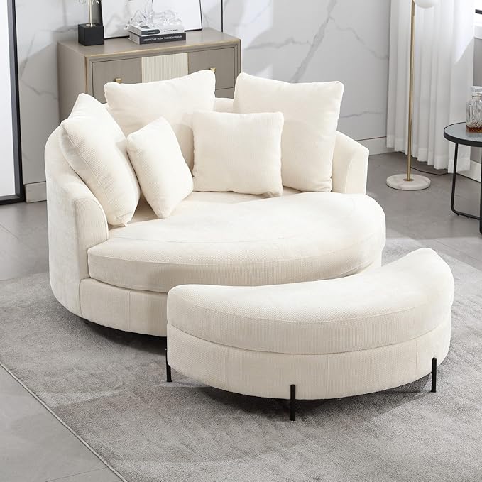 Aoiy &amp Wifon 59.8 W Oversized Barrel Chair with Ottoman Round Chair with Ottoman Extra Large Living Room Chair Set with Wheels Knitted Chenille Beige
