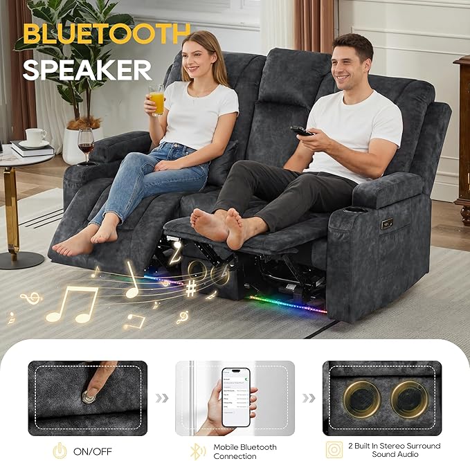 IPKIG Power Recliner Loveseat with Console Zero Wall Hugger Sofa Couch Velvet 2-Seater Sofa with LED Lights AC Outlets USB Ports Cup Holders Grey | Storage Drawer Bluetooth Speaker Living Room