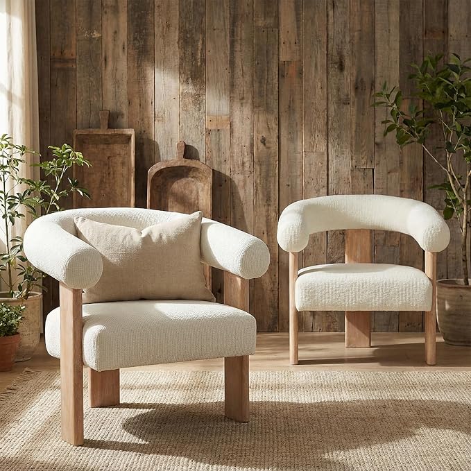 VKNOW Accent Chairs Set of 2 Modern Upholstered Living Room Chair Armchair with Solid Wood Legs Comfy Barrel Arm Chairs for Living Room Bedroom Cream