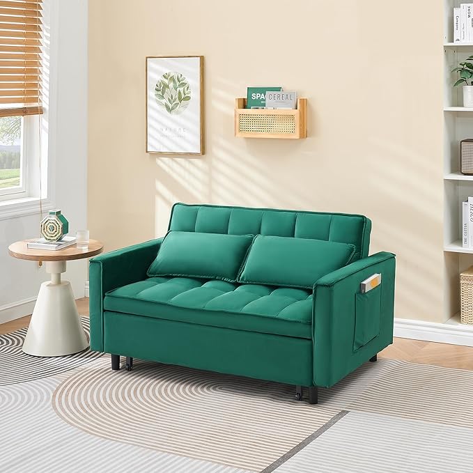 55 Modern Velvet Loveseat Sleeper Sofa 3-in-1 Convertible Pull-Out Bed with Adjustable Backrest 2 Pillows &amp Side Pockets Small Pull Out Couch for Living Room Apartment(Green)