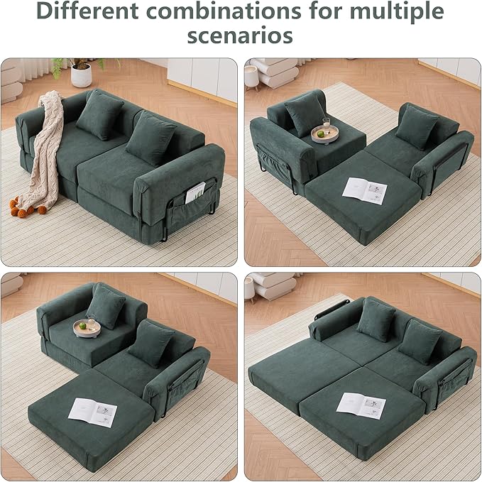 71'' Convertible Sofa Bed with Storage Pocket - Boneless Loveseat with Fixed-Shape Frame - Loveseat Sofa Bed with Pillow Support Folding Couch for Living Room Office Bedroom (Green)