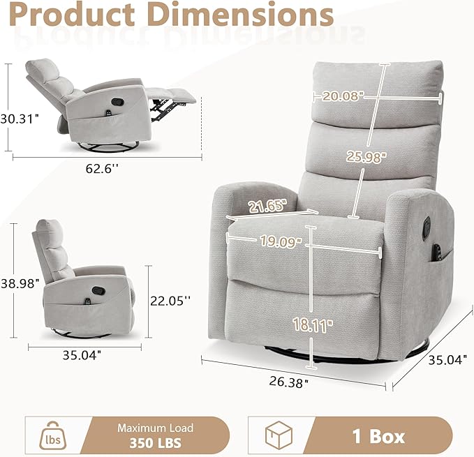 cinkehome Small Swivel Rocker Recliner Chair with Heated Massage Upholstered Nursery Glider Recliner Chair High Back Side Pocket (Beige Chenille Fabric)