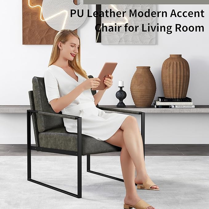 CANMOV Modern Accent Chair Set of 4 PU Leather Armchair with Metal FrameComfy Single Reading Chair with Soft Padded Backrest and Cushion for Living Room BedroomReading RoomOfficeDark Grey