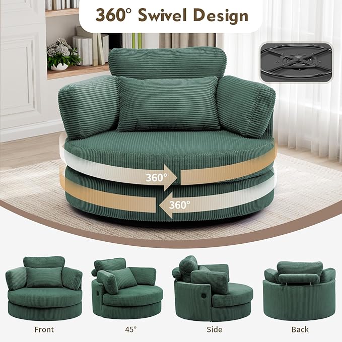 Oversized Swivel Chair with Ottoman 41.3 Swivel Accent Chair Barrel Chairs with USB Charging Port Round Chaise Lounge Indoor with 4 Pillow Reading Chairs for Living Room (Corduroy Olive Green)