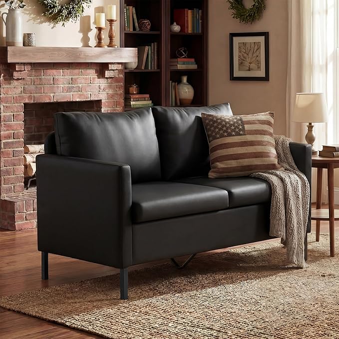 TYBOATLE Faux Leather Modern Small Couches for Small Spaces Comfy Upholstered Love Seat for Bedroom 2 Seater Mini Couch for Apartment Dorm Office Black