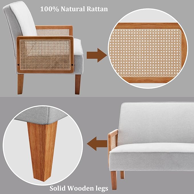 WENTMENT Loveseat Sofa Small Couch for Living Room Love Seat with Natural Rattan Armrest and Solid Wooden Legs Sofa for Small Space Bedroom Apartment（Grey）