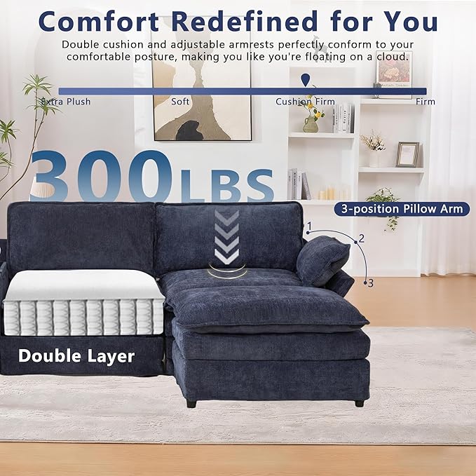 124'' Modular Sectional Sofa U-Shaped Chenille Cloud Couch with Storage 2 Ottomans Wireless Charging Loudspeaker Light 2 Cup Holders Double Chaise Couches for Living Room Office Blue