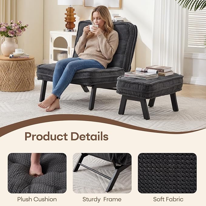 ANJ 3-Position Adjustable Accent Floor Chair Set of 2 with Ottoman Ergonomic Stable Lounge Chairs for Adults Thick Cushioned Comfy Reading Chair with Footrest for Living Room Bedroom Black