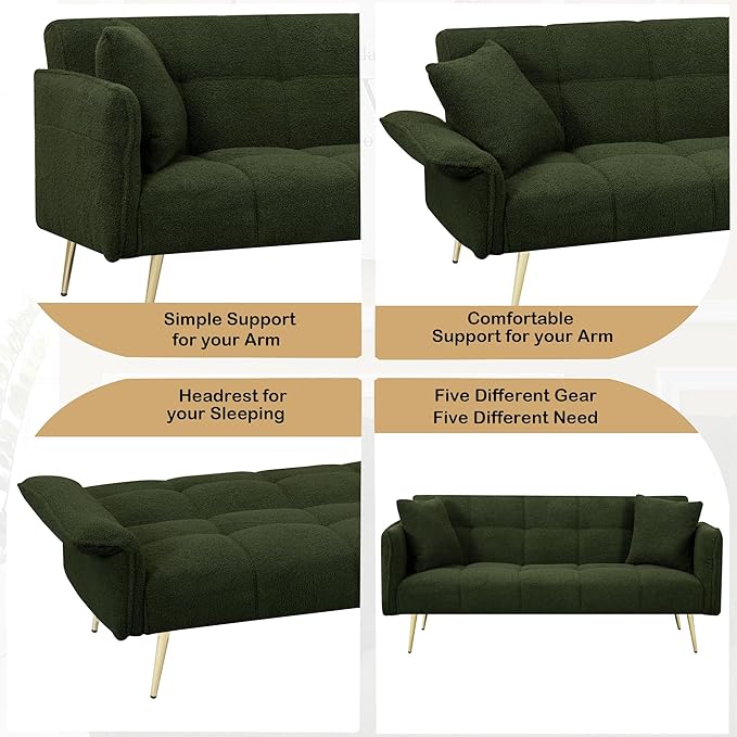 Convertible Sofa Bed Futon Couch Bed with Adjustable Arms and Backrest Modern Love Sofa with Gold Metal Legs for Living Room Bedroom (Teddy Fabric in Green 70.1 Wx31.1 Dx31.5 H)