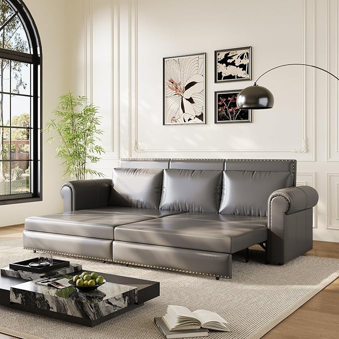 93.7 King Size Chesterfield 3-seat Pull Out Sofa Bed Leather Sofa Bed with Nailhead Trim and Rolled Arm 3-in-1 Sofa Sleeper for Living Room Apartment Office Grey
