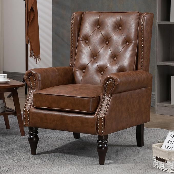 Brown PU Leather Accent Chair Mid-Century Modern Living Room Chairs with Wingback Comfy Upholstered High Back Single Sofa Bedroom Reading Armchair with Solid Wood LegsEasy Assemble (Brown)