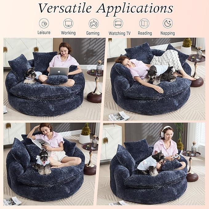54 Oversized Round Chair Couch Lounge Chaise Indoor Comfy Boneless Sofa for Living Room Cloud Large Circle Couch Chair with 5 Pillows Fluffy Modern Sleeper Sofa Bed for Reading (Blue)