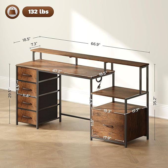 66.9'' Gaming Desk with 4 Fabric Drawers &amp File Cabinet Modern Computer Desk with Power Outlets and LED Lights Home Office Desk PC Desks for Home Office Study (Brown)