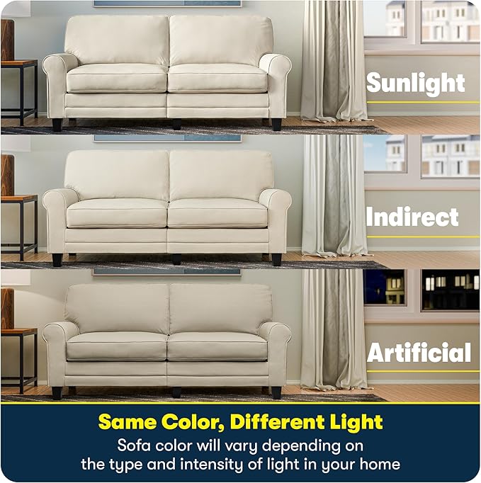 Serta Copenhagen 73 Rolled Arm Sofa Easy Care Polyester Soft Pillow Back Pocket Coil Seat Cushions Removable Covers Loveseat or Couch for Small Spaces Living Rooms or Bedrooms Buttercream
