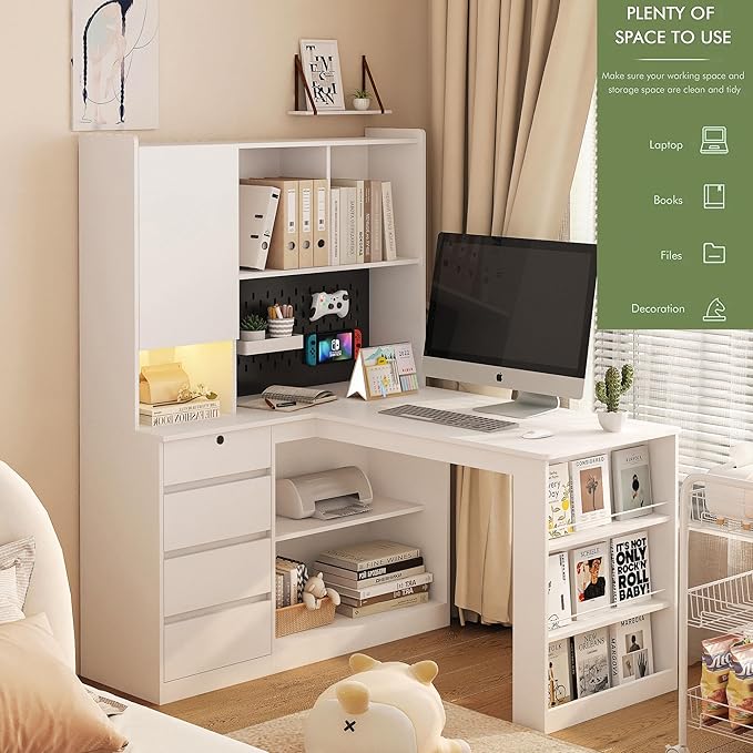White L Shaped Desk with Hutch &amp Shelves Modern Computer Corner Desk with Drawers &amp Led Lights / Charging Station Wood Home Office Desk with Storage for Teenager Writing Study (White+Left si