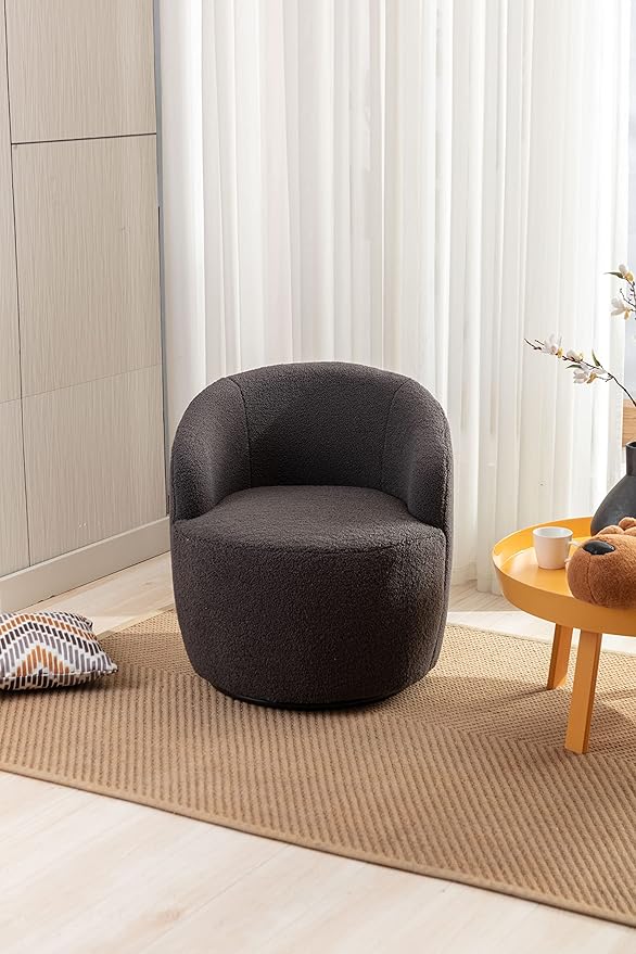 kevinplus Swivel Barrel Chair Accent Armchair for Living Room Bedroom 360 Degree Modern Round Upholstered Single Sofa Couch Chair Cozy Small Swivel Chair for Apartment Teddy Fabric Dark Grey