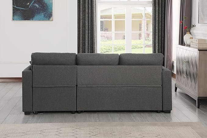 83 L-Shaped Sleeper Sectional Sofa with Storage Chaise &amp Cup Holders – Pull-Out Convertible Bed 3-in-1 Space-Saving Design for Apartments Modern Linen Fabric Easy Assembly