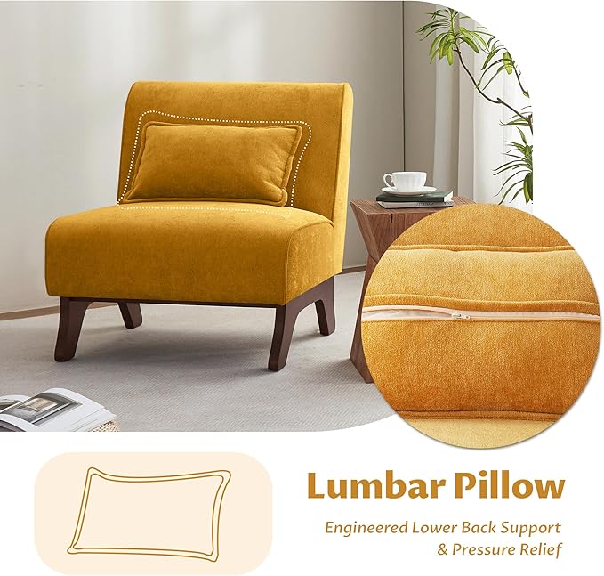 Set of 2 Upholstered Armless Accent ChairModern Comfy Living Room Chairs with Wooden Legs&amp PillowsLounge Sofa Side Chair for Bedroom Farmhouse Reading (Yellow 2 PCS)