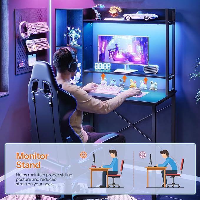 HOOBRO Computer Desk Small Gaming Desk with LED and Outlets Home Office Desk with Monitor Stand and Adjustable Shelf Computer Desk with CPU Stand for Home Office Small Space Black BB100UDDN01