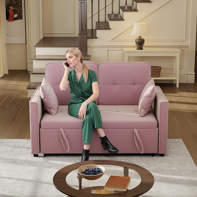 Pull Out Sofa Bed: 56 Pink 3 in 1 Convertible Sleeper Sofa Bed Velvet Loveseat Sleeper Couch with Storage Comfy Futon Couch Beds for Living Room | Velvet
