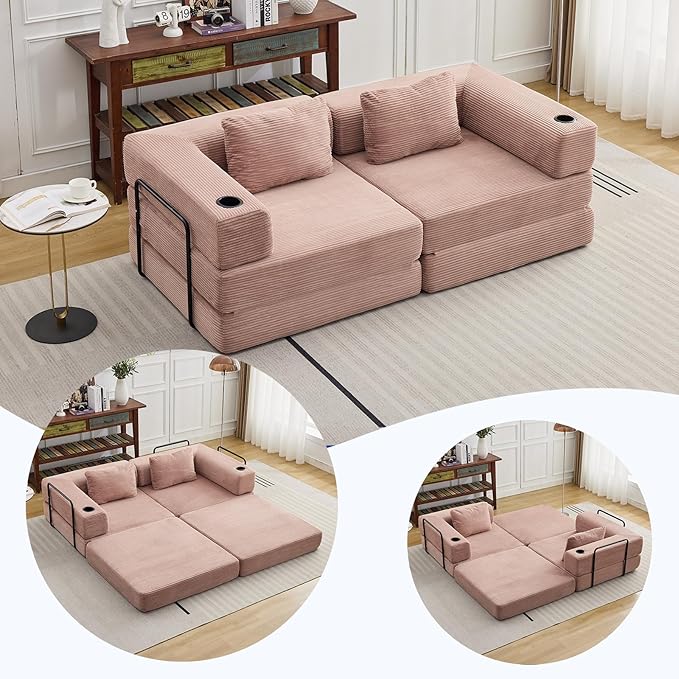 78 Loveseat Sleeper Sofa 4 in 1 Convertible Floor Sofa Bed Boneless Cloud Couch with Cup Holder Fold Out Floor Couch for Living Room Bedroom Lounge Corduroy Pink