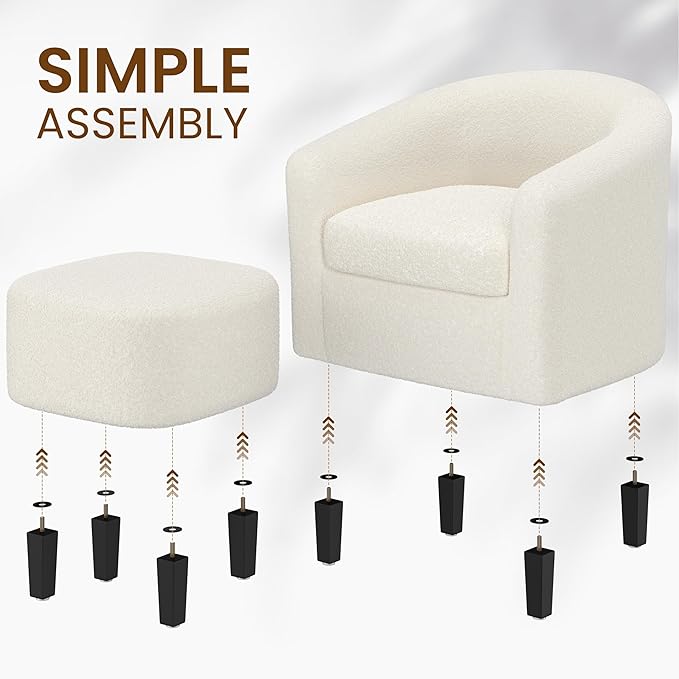 Yaheetech Accent Chair and Ottoman Set Modern Fuzzy Sherpa Barrel Chair and Footrest Comfy Boucle Armchair and Footstool for Living Room/Bedroom/Reading Room/Guestroom Ivory