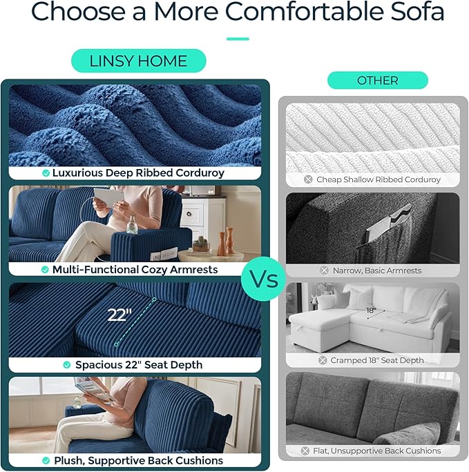 LINSY HOME Sectional Sleeper Sofa with Pull Out Couch Bed for Living Room (Blue) | Plush Corduroy Storage Ottoman Storage Chaise Pull Out Couch USB Charging
