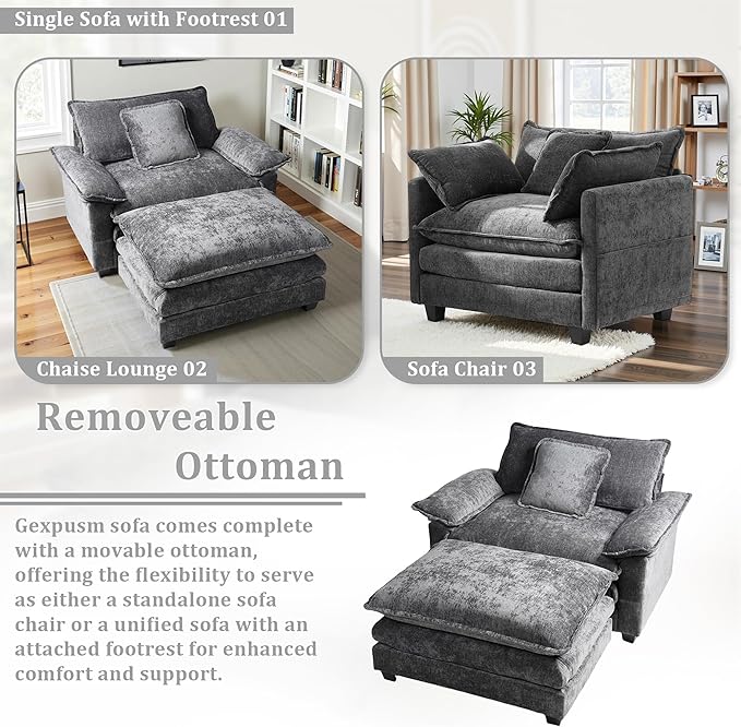 Gexpusm Oversized Accent Chair with OttomanOversized Chaise Lounge Chair Indoor with Deep SeatReading Chair Comfy Chenille Sofa Couch Chair for Living Room Bedroom Modern Lounge Chair (Grey)