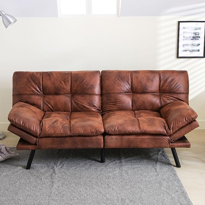 Convertible Futon Sofa Bed71 Modern Premium Faux Leather Futon Couch with Adjustable Backrest&ampArmrestSmall Loveseat Sleeper SofaDorm Futonsofa for ApartmentLiving RoomWhisky Brown
