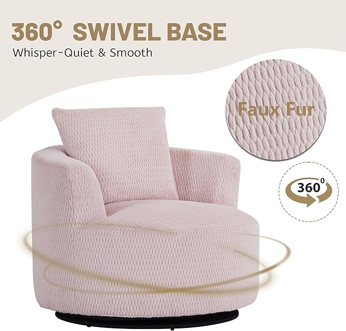 39 Pink Swivel Accent ChairBig Comfy Swivel Chair with PillowUpholstered ArmchairFaux Fur Swivel Sofa Chair for BedroomRound Oversized Chairs for Living Room