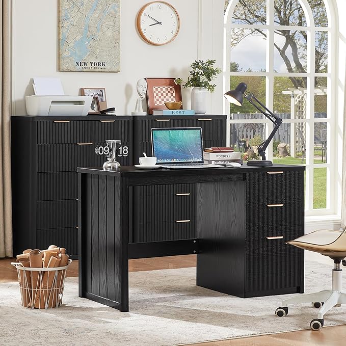 LEYAOYAO Office Desk 48 with 3 Drawers Storage File Cabinet Wood Fluted Desk for Computer Office Bedroom Home Furniture Black