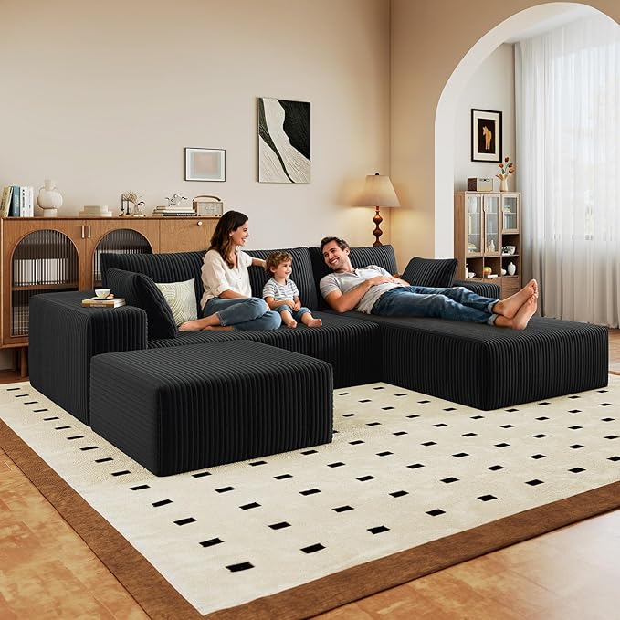 96 U-Shape Cloud Couch Modern Modular Sectional L-Shape Sofa with Ottoman Corduroy Upholstered Couches Deep Seat Sleeper Chaise Longue for Living Room No Assembly Required(Black Right Facing)
