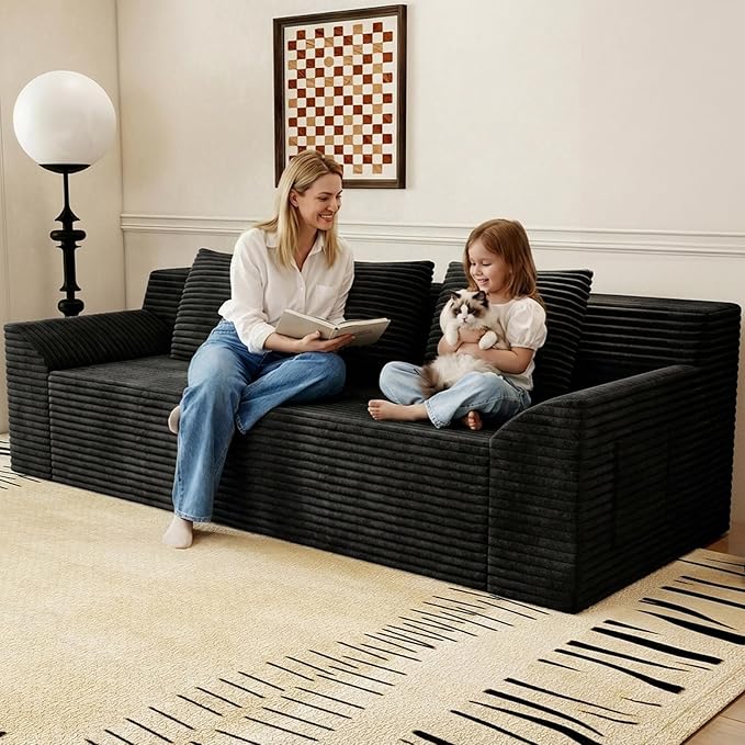 71 Cloud Corduroy Loveseat Couch in a Box Memory Foam Compressed Boneless Sofa with 3 Pillows &amp Side Pockets Couch for Living Room Bedroom Apartment No Assembly Required Black