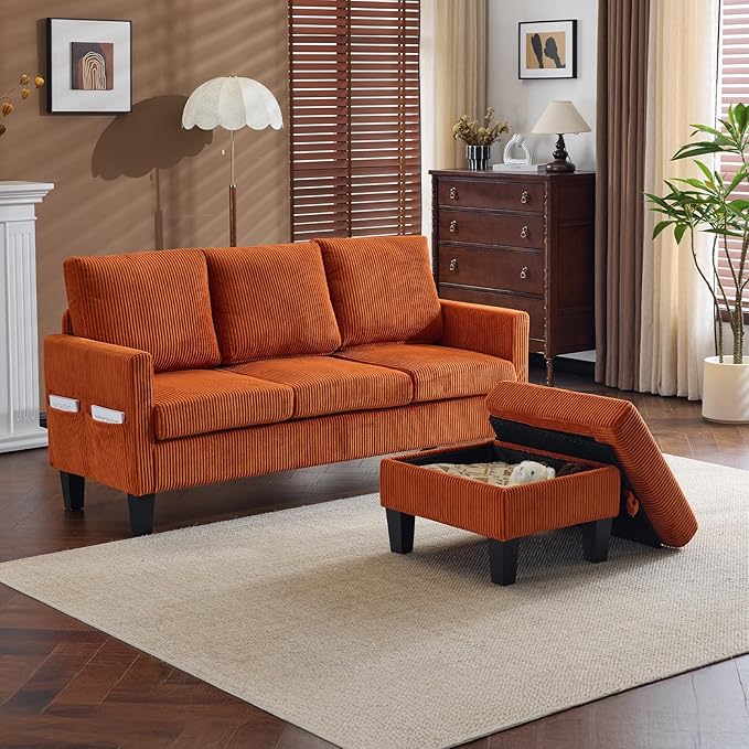 VINGLI 68.5' L Shaped Couch with Movable Storage Ottoman Convertible Sectional Sofa in Soft Corduroy Fabric Modern Reversible Chaise Couch for Small Spaces Apartment Living RoomOrange