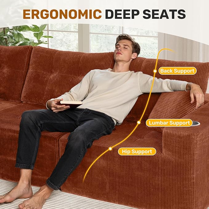 113 Modular Sectional Sofa for Living Room Convertible L-Shape Couch with OttomanModular Sectional SofaReddish Brown Corduroy