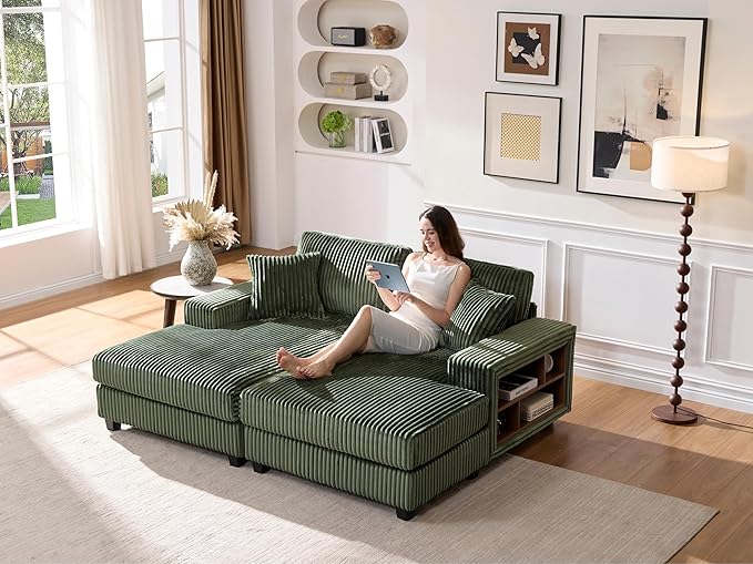 79.5 Oversized Corduroy Modular 2-Seat Sectional Couch with Extra-Wide Armrest Storage and Double Chaise Lounge Modern Convertible Sleeper Sofa for Living RoomGreen