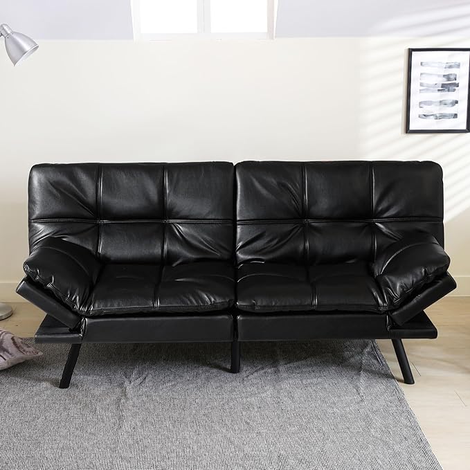 Convertible Futon Sofa Bed71 Modern Premium Faux Leather Futon Couch with Adjustable Backrest&ampArmrestSmall Loveseat Sleeper SofaDorm Futonsofa for ApartmentLiving RoomBlack