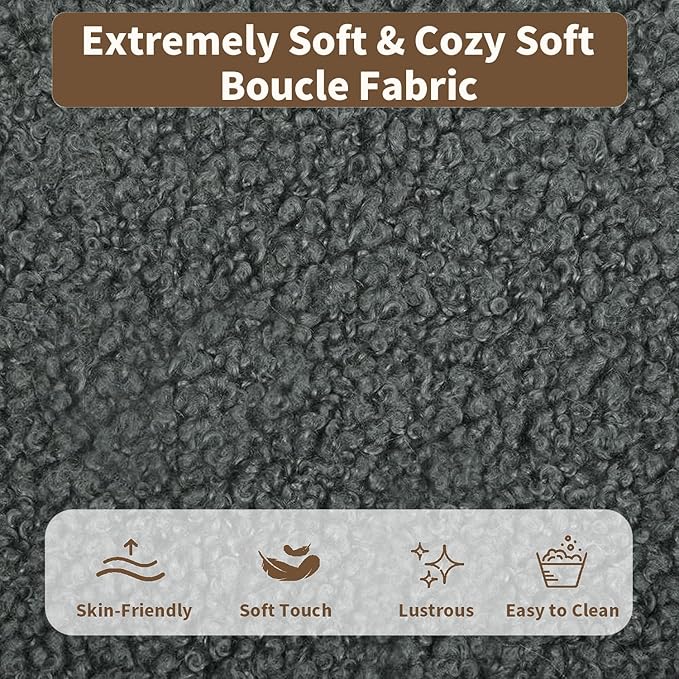 Queen Size Bed Frame with Headboard Upholstered Bed Frame Queen Size Teddy Soft Boucle Fabric Soft Cloud Marshmallow Shape Upholstered Headboard No Box Spring Needed Noise Free (Grey)