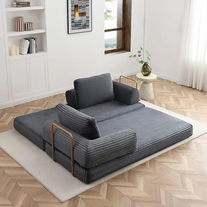 80 Convertible Sofa Bed Modern Corduroy Sleeper Sofa Folding Floor Couch with Golden Fixed-Shape Frame Grey Boneless Loveseat Sofas Bed for Living Room Bedroom No Assembly Needed