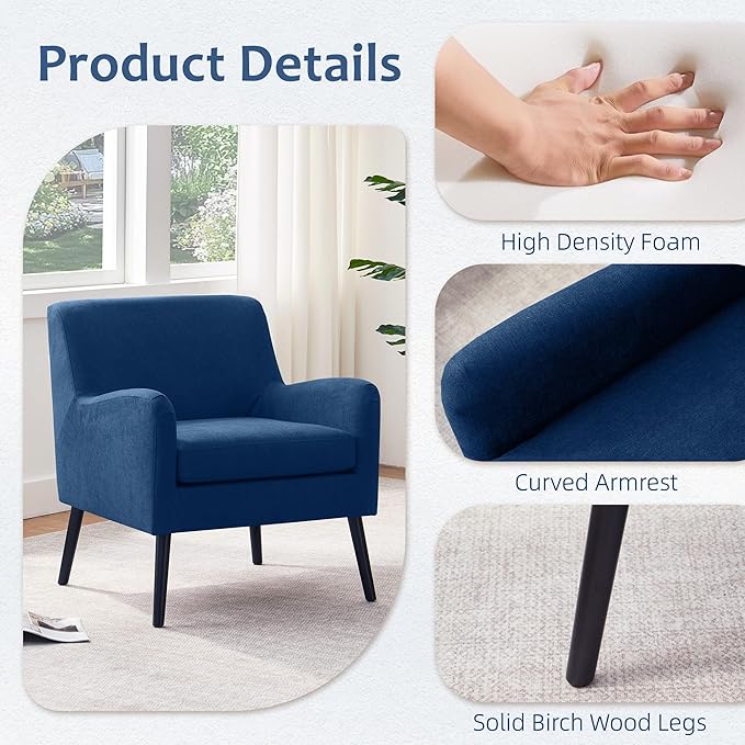Accent Chair Living Room Chair with Wooden Legs Fabric Reading Chair Mid Century Modern Chair Upholstered Armchair for Bedroom Study Office (Blue)