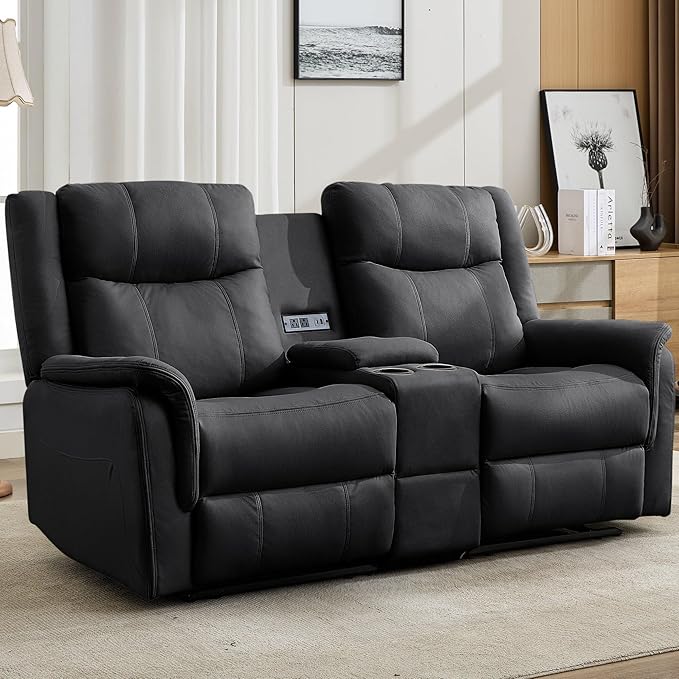 Loveseat Recliner Sofa Reclining Loveseat Couch Reclining Couch with Console USB Port US Outlets and Cup Holders 2-Seater Sofa for Living Room (2-Seater Black)