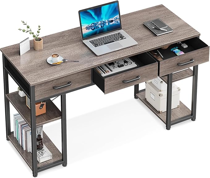 ODK Office Small Computer Desk: Home Table with Fabric Drawers &amp Storage Shelves Modern Writing Desk Grey Oak 48x16