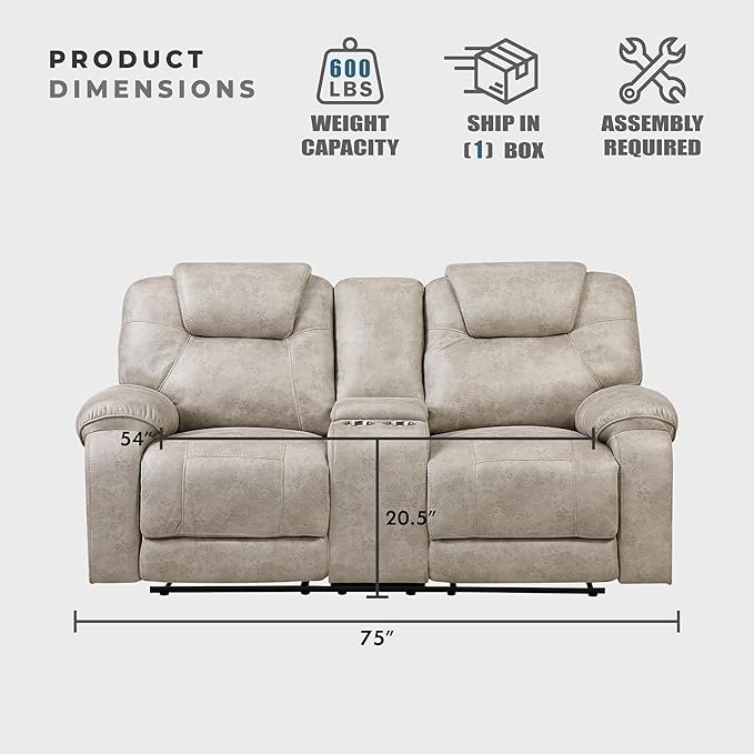 Lexicon Manual Double Reclining Loveseat Polished Microfiber Manual Wall Hugger Loveseat Recliner for Living Room Center Storage Console/Cup Holders/Pillow Top Arm Easy Assembly Pewter