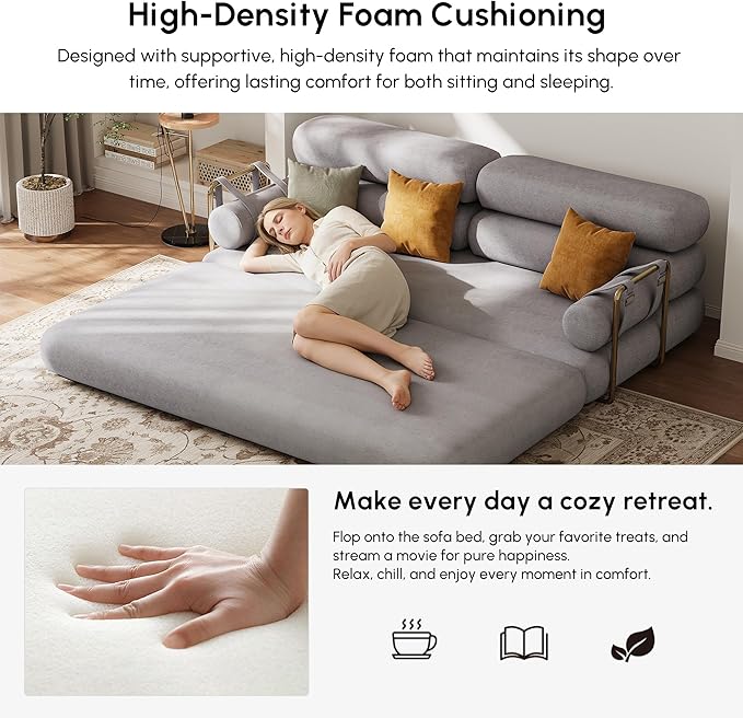homary Velvet Futon Sofa Bed 81 3-Seater Convertible Couch with Detachable Pillows Stainless Steel Legs Modern Sleeper Sofa for Living Room &amp Apartment (Light Gray)