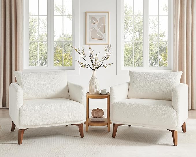 VANOMi Oversized Accent Chair Set of 2 37 Wide Boucle Armchair with Solid Wood Legs Modern Accent Chair for Living Room Bedroom Office Cozy Reading Chair Easy Assembly White