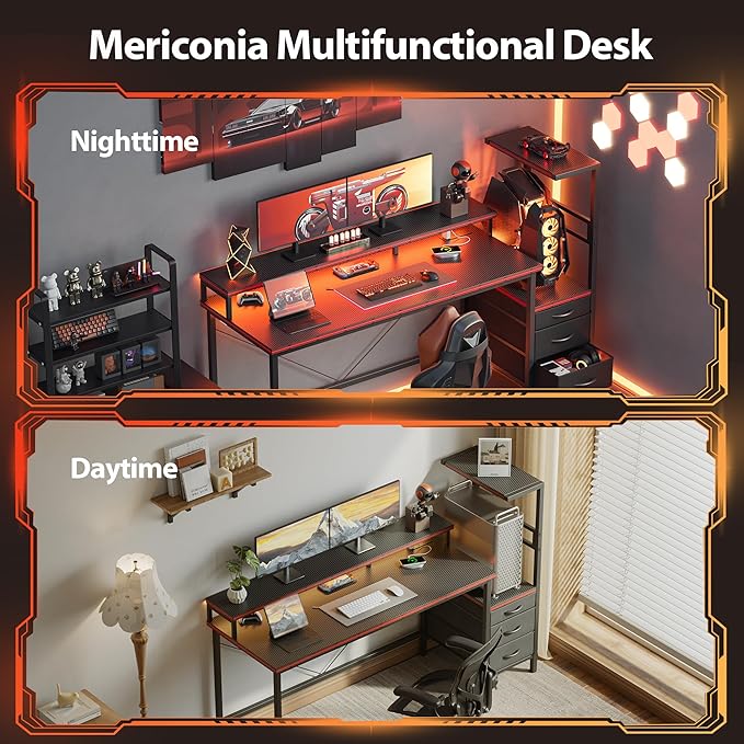 Mericonia Gaming Desk with Power Outlets &amp LED Lights Reversible Computer Desk with PC Case Stand Fabric Drawers Modern Office Desk with Shelves Monitor Stand
